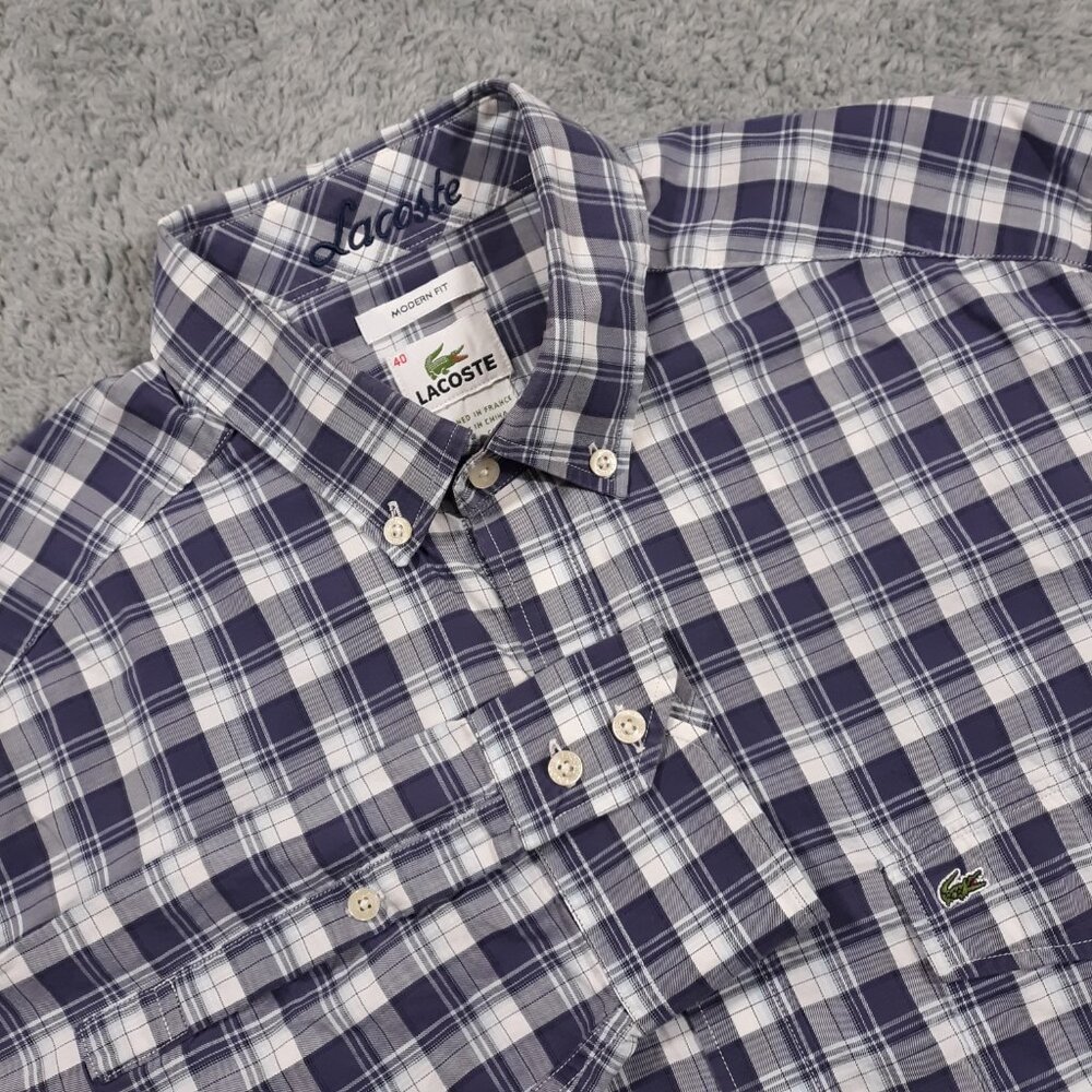 Lacoste Modern‎ Fit Button Down Shirt Mens Size 40 Purple Plaid Cotton Crocodile